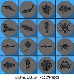 Set of various marine fish and animals vector icons. Round papercut pictogram with 3d effect.