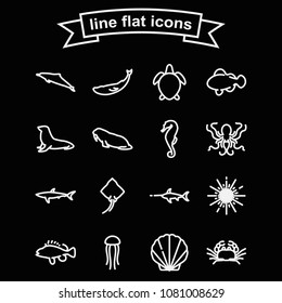 Set of various marine fish and animals outline black and white vector icon.