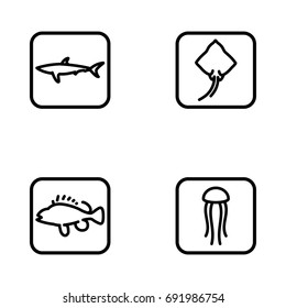 Set of various marine fish and animals outline vector icon.