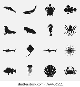 Set of various marine fish and animals vector icons.