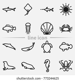 Set of various marine fish and animals outline vector icon.