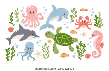 Un conjunto de varias especies marinas. Delfín lindo, pulpo, tortuga, caballito de mar, medusas, cangrejo. Elementos de la vida marina aislados en el fondo blanco.