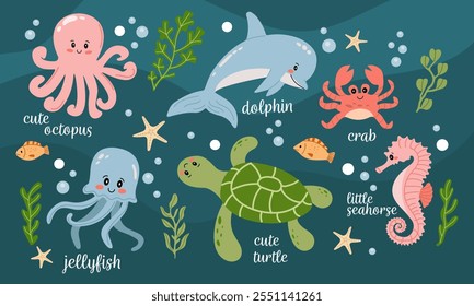 Set of various marine life. Cute dolphin, octopus, turtle, seahorse, jellyfish, crab. Sea life elements isolated on white background.	