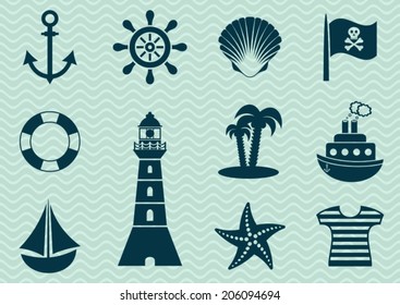 Set of various marine and pirate silhouette icons