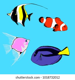 Set of various marine, tropical fish. Consists of parrot, surgeon fish, angel fish and Moorish idol. Fish can be used in animations, patterns for packing and icons. Vector. Modern style.
