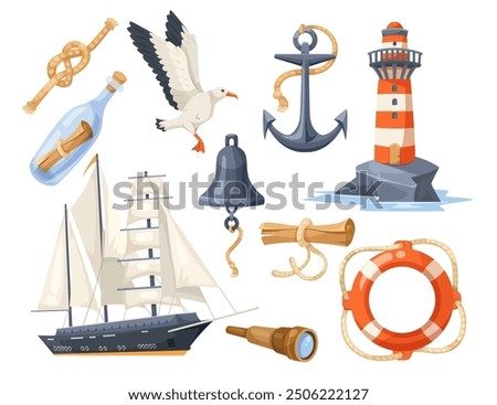 Set of various marine-themed elements on white background. Vector illustration