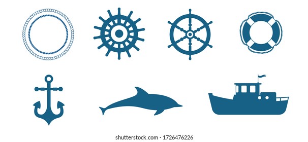 Set of various maritime elements, such as steering wheels, life preserver, anchor, dolphin, tugboat. Nautical icons isolated on white.