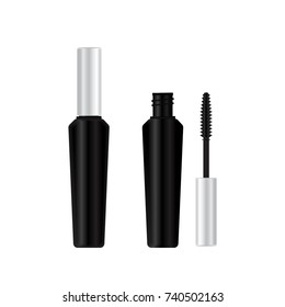 Set of various mascara brushes with mascara strokes isolated on white background