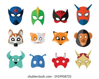 Set Of Various Mask With Different Themes. Mask Of Superhero, Animal And Monster Vector Flat Design