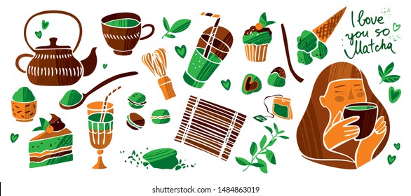 Set various matcha tea products. Matcha powder, cake, macarons, tea pot, bamboo spoon, girl with cup. Hand drawn cute cartoon vector illustretion for decorative work, menu. All elements are isolated