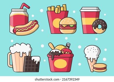Set of various matching fast food, dessert and drink in cartoon style, hamburgers, hot dogs, waffles, ice cream, donuts, macaron, cone, object for advertising promotion concept, vector illustration