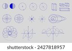 Set of various mathematical and geometric diagrams, shapes in blue color on light background. Science. Modern aesthetics, minimalist art. Vector design for creative cover, poster and ad