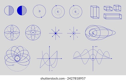 Set of various mathematical and geometric diagrams, shapes in blue color on light background. Science. Modern aesthetics, minimalist art. Vector design for creative cover, poster and ad