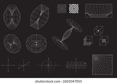 Set of various mathematical and geometric diagrams, wireframe shapes on dark background. Science. Modern aesthetics, minimalist art. Vector design for creative cover, poster and ad.