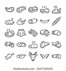 A set of various meats and poultry icons in outline style, including steak, chicken, sausage, and bacon.