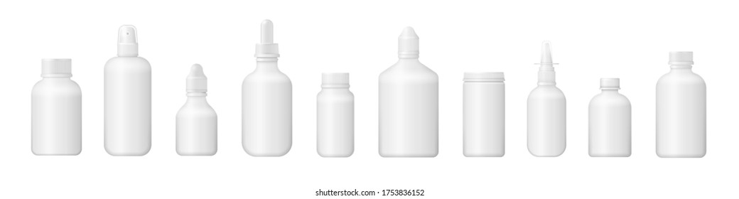 Set of various medical bottle for medicines, pills, tablets and vitamins. 3d medical blank box. White plastic package design. Photo-realistic packaging mockup template. Vector illustration, eps 10.