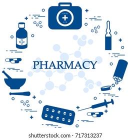 Set of various medical devices and drugs first aid kit arranged in a circle. Health and treatment.