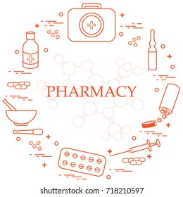 Set of various medical devices and drugs first aid kit arranged in a circle. Health and treatment.