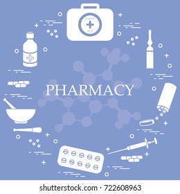 Set of various medical devices and drugs first aid kit arranged in a circle. Health and treatment.