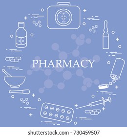 Set of various medical devices and drugs first aid kit arranged in a circle. Health and treatment.