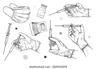 Set of various medical objects. Doctor's hand with a syringe in different positions. Vaccine, mask and syringe. Vector illustration in sketch style