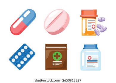 Conjunto de varios medicamentos y píldoras de embalaje