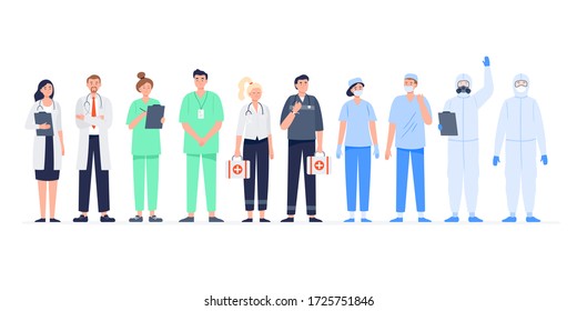 Set of various medicine workers. Group of medical specialists standing together: doctor, surgeon, physician, paramedic, nurse, and other staff. Flat vector characters.