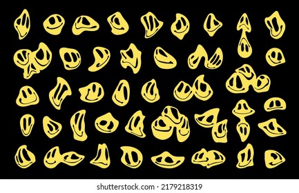 Set of various melting smiling faces in retro groovy psychedelic style.