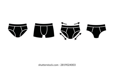 Set of various men underwear styles including briefs and boxer shorts with measurement and fit guide icons