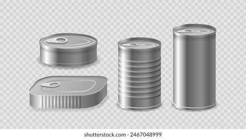 Set Of Various Metal Cans Including Cylindrical And Oval Shapes And Metallic Texture. Realistic 3d Vector Packaging