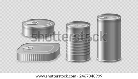 Set Of Various Metal Cans Including Cylindrical And Oval Shapes And Metallic Texture. Realistic 3d Vector Packaging