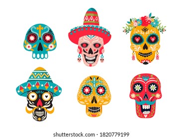 Set of various mexican skulls with ornaments. Dia de Los Muertos or Day of the Dead composition. Traditional Mexican Halloween decoration. Vector illustration on white background.