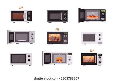 Set of various microwave ovens flat style, vector illustration isolated on white background. Design elements collection, opened and closed, reheating food, kitchen tool