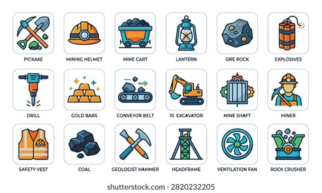 A set of various mining related vector icon illustration on a white background