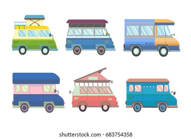 Set of various minivans and motorhomes in flat style. Vector illustration, isolated on white background.