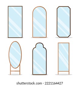 Set of various mirrors in cartoon style. Vector illustration of large mirrors for home interiors on white background.