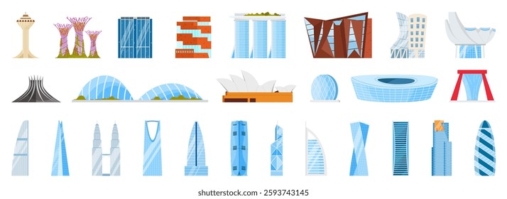 Set of various modern architectural landmarks, world famous buildings, and urban constructions. Different architectural designs from across the globe.