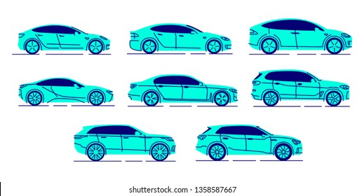 Set of various modern cars side view outline and color vector icon 