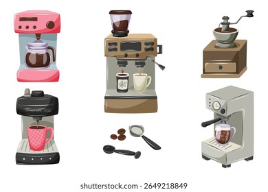 Conjunto de várias máquinas de café modernas e moedor. Cafeteiras gotejadoras, máquinas de café expresso, moedor de café manual, portafilter, colher e grãos de café. Ilustração vetorial para infográficos e banners.