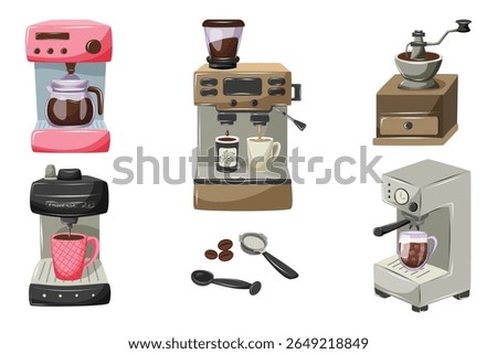 Set of various modern coffee machines and grinder. Drip coffee makers, espresso machines, manual coffee grinder, portafilter, scoop and coffee beans. Vector illustration for Infographics and banners.