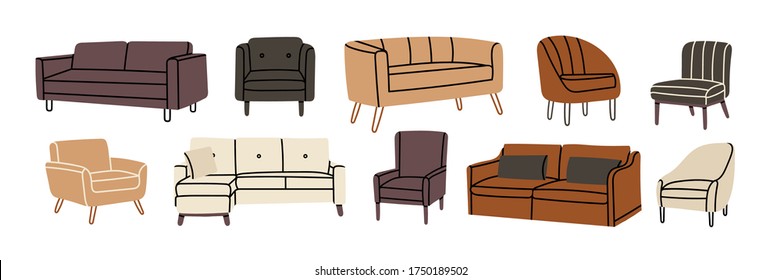 Set of Various modern colorful comfortable Armchairs and Couches. Soft furniture for rest and relaxation. Room decoration, interior design. Hand drawn Vector illustrations. All elements are isolated