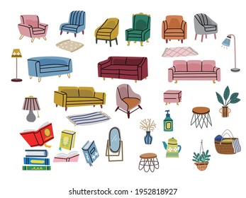 Set of Various modern colorful comfortable Armchairs and Couches. Soft furniture for rest and relaxation. Room decoration, interior design. Hand drawn Vector illustrations.
