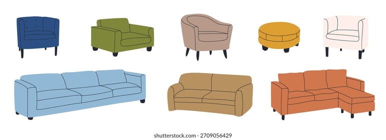 Conjunto de várias modernas poltronas coloridas confortáveis e sofás. Móveis estofados para descanso; relaxamento. Decoração da sala; design de interiores. Ilustração plana desenhada. Todos os elementos são insolados