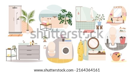 Set of various modern and cozy bathrooms. Bathtub and shower cabin, sink table and mirror, washing laundry machine, toilet room, care hygiene products, interior furniture and appliances vector