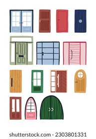 Set of various modern doors, hand drawn flat vector illustration isolated on white background. Glass and wooden doors for house exterior. Concepts of entrance.