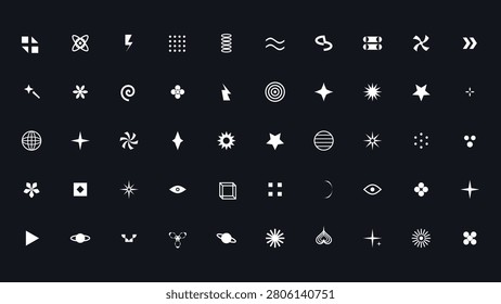 A set of various modern, minimalist geometric shapes, abstract icons, stars, sparkles, and celestial symbols arranged in a grid on a dark background.