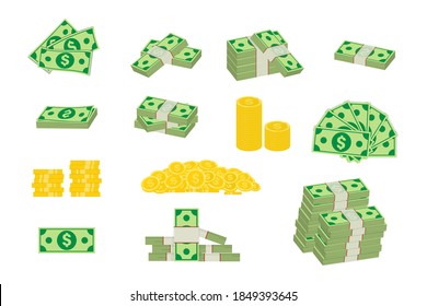 Set a various money bills dollar cash paper bank notes and gold coins. Big pile of cash money and some gold coins. Packed dollar bills. Image elements fo your business. Different banknotes