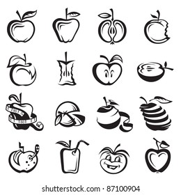 set of various monochrome apple illustrations