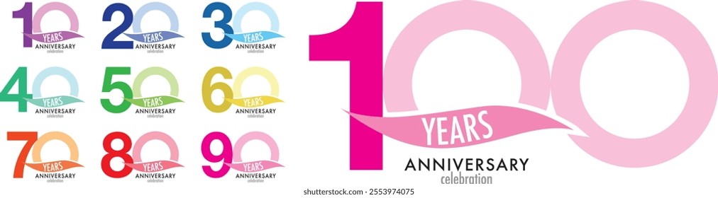 set of various monochrome color number 10 20 30 40 50 60 70 80 90 and 100 with words anniversary celebration in the bottom, isolated on white background.