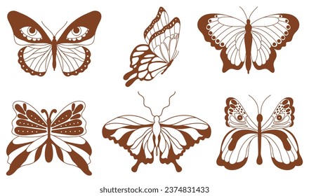 Set of various monochrome groovy naive butterflies. Hallucinogen monarch butterflies pack. Hippie 60s 70s isolated vector illustration. 